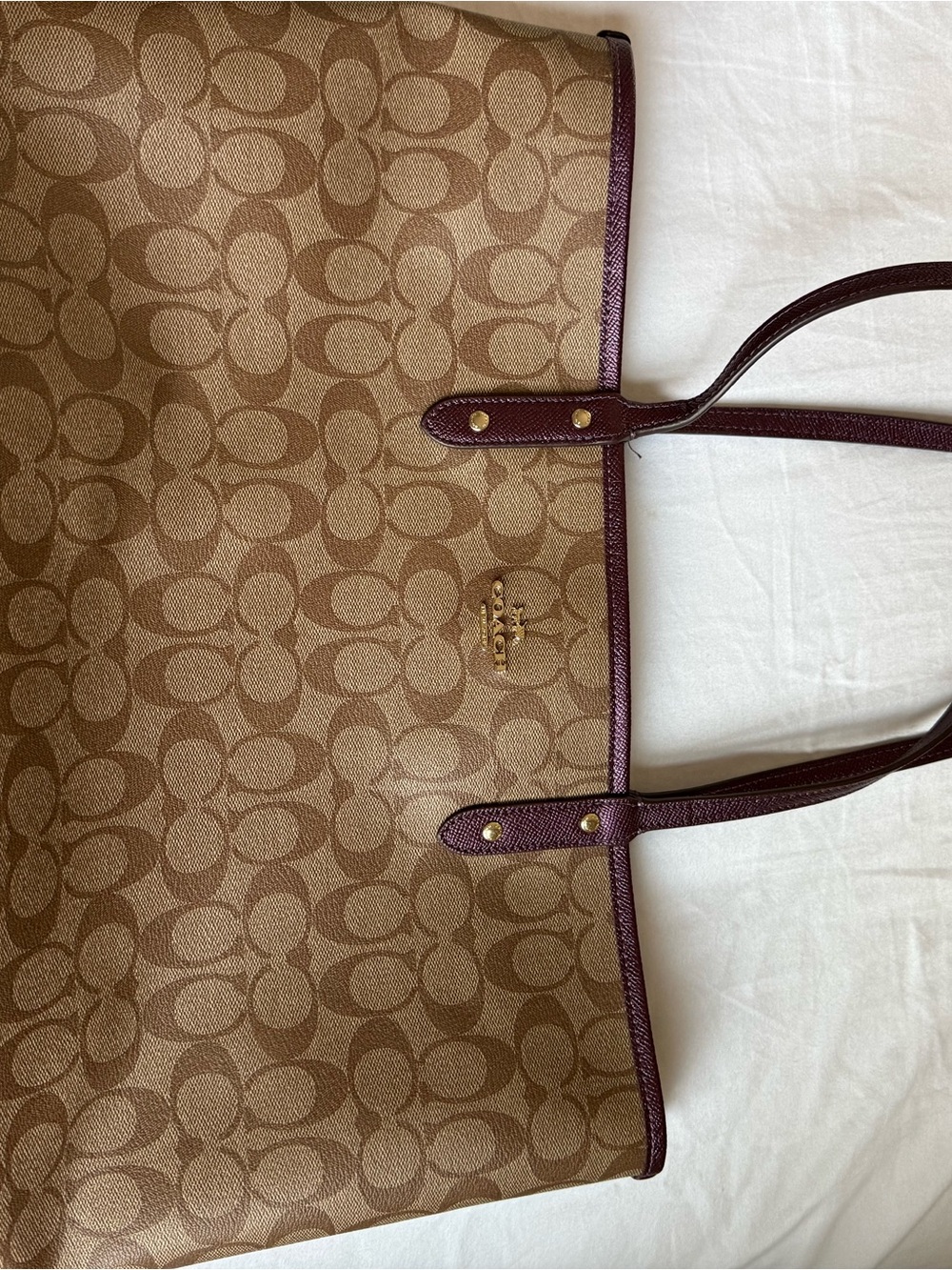 Coach Khaki Signature Tote with Burgundy Trim